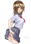  adjusting_clothes adjusting_panties arched_back ass bad_id bad_pixiv_id bangs blouse breasts brown_eyes brown_hair covered_nipples dripping embarrassed eyebrows from_side grey_skirt hair_between_eyes lifted_by_self looking_at_viewer medium_breasts open_mouth original panties pink_panties pleated_skirt school_uniform serafuku short_sleeves simple_background sketch skirt skirt_lift solo sweat teeth underwear upskirt wet wet_hair white_background white_blouse yoropa 