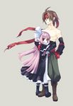  1girl black_capelet boots brown_hair capelet couple disgaea dress gloves hand_on_shoulder headband hetero hug kumako_(kumazm) long_hair mage_(disgaea) male_warrior_(disgaea) pink_hair pointy_ears red_hair ribbon shirtless short_hair 