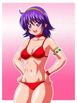  armlet athena_(series) bikini breasts choker cowboy_shot gradient gradient_background halftone halftone_background hands_on_hips inferno_(nanbu14) looking_at_viewer medium_breasts navel open_mouth pink_background princess_athena purple_eyes purple_hair red_bikini short_hair snk solo swimsuit wristband 