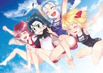  alternate_color_school_swimsuit animal_ears antennae bad_id bad_pixiv_id barefoot black_school_swimsuit blonde_hair blue_hair bow cape cirno closed_eyes day feet flat_chest fuyu_kitsune green_eyes green_hair hair_bow hair_ribbon happy jumping legs multiple_girls mystia_lorelei one-piece_swimsuit pink_hair red_swimsuit ribbon rumia school_swimsuit short_hair smile swimsuit team_9 touhou white_school_swimsuit white_swimsuit wings wriggle_nightbug 