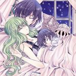  2boys c.c. child closed_eyes code_geass family green_hair if_they_mated kiss lelouch_lamperouge meimi_k multiple_boys purple_hair sleeping 