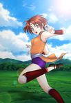  1girl bare_shoulders chinese_clothes emily_(suikoden) female gensou_suikoden gensou_suikoden_iii nature open_mouth outdoors purple_eyes red_hair redhead short_hair shorts sky solo suikoden suikoden_iii tiara violet_eyes yumi_(pixiv275460) 