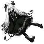  boots dress electric_plug expressionless frankenstein greyscale kasa long_hair monochrome pantyhose sitting solo 