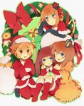  animal_ears bad_id bad_pixiv_id blonde_hair blue_eyes brown_hair christmas dress eva_beatrice gloves hat kneehighs konoka multiple_girls one_eye_closed orange_hair red_eyes red_hair sakutarou santa_costume santa_hat short_hair socks umineko_no_naku_koro_ni ushiromiya_ange ushiromiya_maria younger 