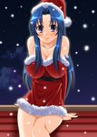  bad_id bad_pixiv_id bare_shoulders belt blue_hair breasts cleavage hat highres kawashima_ami large_breasts long_hair purple_eyes santa_hat snow solo toradora! yuunagi_kanade 