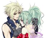  1girl alternate_color alternate_costume asu_(asoras) blonde_hair blue_eyes blush cloud_strife couple dissidia_final_fantasy earrings final_fantasy final_fantasy_vi final_fantasy_vii flower green_eyes green_hair hetero jewelry tina_branford 