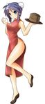  bamboo_steamer baozi blue_eyes blush bun_cover china_dress chinese_clothes cleavage_cutout double_bun dress food hiiragi_miki lucky_star no_panties purple_hair red_dress shing_(sorairo_factory) shoes side_slit solo 