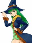  bad_id bad_pixiv_id green_eyes green_hair gus_(clarkii) hand_on_headwear hat long_hair masou_shizuka rance_(series) sengoku_rance simple_background solo witch witch_hat 