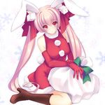  animal_ears ayase_hazuki boots bunny_ears christmas di_gi_charat dice elbow_gloves gloves highres long_hair pink_eyes pink_hair red_gloves sack santa_costume sitting snow solo twintails usada_hikaru 