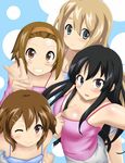  akiyama_mio anonimasu bad_id bad_pixiv_id black_eyes black_hair blonde_hair blue_eyes breasts brown_eyes brown_hair casual cleavage hairband highres hirasawa_yui k-on! kotobuki_tsumugi long_hair medium_breasts multiple_girls one_eye_closed short_hair shorts tainaka_ritsu 