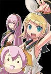  armpits blonde_hair chiyomi detached_sleeves headset kagamine_rin long_hair megurine_luka multiple_girls pink_hair ribbon short_hair takoluka vocaloid 