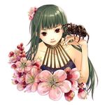  arachnid ayumi_k bare_shoulders black_hair bug flower hair_flower hair_ornament original red_eyes solo spider 