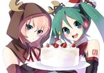  antlers aqua_eyes aqua_hair bad_id bad_pixiv_id blue_eyes blush bow cake christmas elbow_gloves food gloves hatsune_miku hijiki_(hijikini) hood long_hair megurine_luka multiple_girls pastry pink_hair simple_background smile twintails vocaloid 