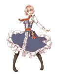  alice_margatroid blonde_hair blue_eyes book boots dress frills full_body hairband high_heels highres open_mouth pigeon-toed shoes short_hair smile solo touhou transparent_background uro 