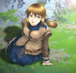  1girl apple_(suikoden) breasts brown_eyes brown_hair dress female full_body gensou_suikoden gensou_suikoden_iii glasses long_hair lowres nature outdoors sitting solo suikoden suikoden_iii yumi_(pixiv275460) 