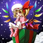  blonde_hair boots capelet christmas flandre_scarlet gift gloves hat pantyhose pink_footwear pink_santa_costume ponytail red_eyes santa_costume short_hair side_ponytail solo tajima_yuuki touhou wings 