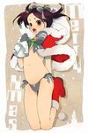  androgynous axis_powers_hetalia bad_id bad_pixiv_id bell boots bow bow_panties bowtie brown_eyes brown_hair bulge china_(hetalia) christmas crossdressing forehead goroo hair_bow highres legs male_focus midriff mittens navel open_mouth otoko_no_ko panties side-tie_panties solo twintails underwear 