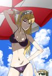  bikini blonde_hair flandre hime_(kaibutsu_oujo) hinoki_(hinoki-buro) kaibutsu_oujo long_hair multiple_girls red_eyes swimsuit tiara umbrella 