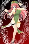  bare_shoulders blue_eyes borrowed_design bow braid breasts china_dress chinese_clothes dress fishnets hair_bow hat hong_meiling large_breasts legs long_hair mabuchoco_m no_panties red_hair single_thighhigh solo star thighhighs touhou twin_braids wristband 