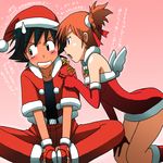  1girl bare_shoulders black_hair blush christmas fingerless_gloves gloves hat kakkii kasumi_(pokemon) orange_hair pokemon pokemon_(anime) poking red_gloves ribbon santa_costume satoshi_(pokemon) side_ponytail thighs translated 