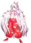  bow breasts closed_mouth commentary_request fire fujiwara_no_mokou full_body hair_bow highres kimutinabe_umai legs_apart long_hair long_sleeves looking_at_viewer medium_breasts multi-tied_hair outstretched_arm pants puffy_pants pyrokinesis red_eyes red_footwear red_pants shirt shirt_tucked_in sleeve_garters smile solo standing suspenders touhou transparent_background very_long_hair white_bow white_hair white_shirt 