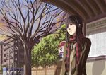  a.q.u.a bad_id bad_pixiv_id black_hair brown_eyes bus_stop coat necktie original plaid plaid_scarf scarf school_uniform solo_focus 