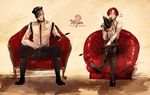  axis_powers_hetalia blonde_hair boots chair collar crossed_legs english germany_(hetalia) gloves hat heart kisaragi_manami male_focus multiple_boys northern_italy_(hetalia) open_clothes open_shirt overalls peaked_cap red_hair shirt sitting whip 