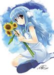  blue_hair brown_eyes flower_(kowarekake) headphones kowarekake_no_orgel kuroya_shinobu sitting solo wariza 