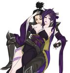  1boy 1girl armor armpits bare_shoulders beauty_mark black_eyes black_hair couple detached_sleeves dress earrings facial_hair female gloves hair_ornament jewelry male mole mustache nail_polish nouhime oda_nobunaga purple_eyes purple_hair purple_lips ryo_(pixiv966497) sengoku_musou sengoku_musou_3 strapless strapless_dress violet_eyes 