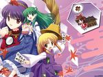  angry blonde_hair detached_sleeves egasumi eyes frog gift green_eyes green_hair hair_ornament hakurei_reimu japanese_clothes kochiya_sanae leaf_hair_ornament long_hair moriya_suwako multiple_girls purple_hair red_eyes rope s_nyaau shide shimenawa short_hair shrine snake touhou yasaka_kanako yellow_eyes 