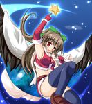  armpits belt bow brown_hair cape christmas hair_bow hair_ribbon hiiragi_tomoka long_hair midriff red_eyes reiuji_utsuho ribbon solo star thighhighs touhou wings 