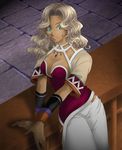  1girl anne_(suikoden) blonde_hair breasts cleavage dark-skinned_female dark_skin dark_skinned_female female gensou_suikoden gensou_suikoden_iii green_eyes long_hair pants sitting solo suikoden suikoden_iii yumi_(pixiv275460) 