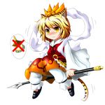  animal_ears bishamonten's_pagoda bishamonten's_spear blonde_hair full_body hair_ornament highres inyucchi kemonomimi_mode looking_afar polearm shawl short_hair solo spear speech_bubble spoken_object spoken_x tail tears tiger_ears tiger_tail toramaru_shou touhou transparent_background wavy_mouth weapon yellow_eyes 