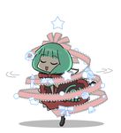  bad_id bad_pixiv_id bell boots candle christmas christmas_ornaments christmas_stocking closed_eyes dress frills front_ponytail green_hair hair_ribbon kagiyama_hina ribbon rodney santa_claus smile solo spinning star touhou wreath 