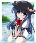  blue_hair blush bottomless fa_no_hito food fruit hat hinanawi_tenshi long_hair peach red_eyes ribbon solo touhou water 