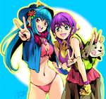  :d bad_id bad_pixiv_id bag bikini blue_background blue_hair breasts cleavage earrings fingerless_gloves front-tie_top gloves green_eyes hat jewelry medium_breasts multiple_girls nail_art nail_polish navel open_mouth original pink_nails pop_kyun purple_hair purple_nails red_eyes signature single_glove smile swimsuit v 