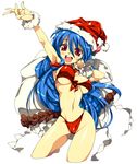  :d alabaster_(artist) alternate_breast_size arm_up armpits bad_id bad_pixiv_id bikini blue_hair breasts christmas cropped_legs front-tie_top hat highleg highleg_bikini highleg_swimsuit highres hinanawi_tenshi large_breasts long_hair navel oekaki open_mouth outstretched_arm red_bikini red_eyes sack santa_hat slender_waist smile solo swimsuit touhou wrist_cuffs 