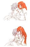  bad_id bad_pixiv_id blue_eyes blush braid chin_grab closed_eyes green_eyes hair_grab hong_meiling imminent_kiss izayoi_sakuya long_hair maid multiple_girls red_hair sakura_(doors) silver_hair simple_background sketch touhou white_background yuri 