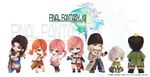  3boys 4girls bandana black_hair blonde_hair chibi chicobo copyright_name final_fantasy final_fantasy_xiii hope_estheim kllsiren lightning_farron long_hair miniskirt multiple_boys multiple_girls oerba_dia_vanille oerba_yun_fang pink_hair red_hair sazh_katzroy serah_farron short_hair side_ponytail silver_hair skirt snow_villiers white_background 