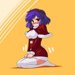  akase_rai blue_hair blush breasts capelet christmas dress dress_tug full-face_blush fur_trim holly large_breasts purple_hair red_eyes seiza short_hair sitting solo sweatdrop thighhighs touhou undersized_clothes white_legwear yasaka_kanako 