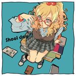  aqua_nails bad_id bad_pixiv_id blonde_hair blue_eyes book engrish freckles from_above glasses gori_matsu hair_bobbles hair_ornament lowres nail_polish original ponytail ranguage school_uniform sitting skirt solo 