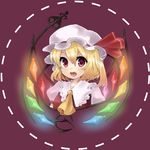 artist_request blonde_hair fang flandre_scarlet glowing hat laevatein lowres purple_background rainbow_order red_eyes side_ponytail solo touhou wings 