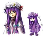  :&lt; bespectacled blush bow capelet chibi crescent dress glasses hair_bow hair_ribbon hat korean long_hair open_mouth patchouli_knowledge purple_hair rex_k ribbon shoes sweatdrop touhou translated 