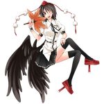  black_hair black_wings blush fan full_body geta hat hauchiwa highres iseki_mitsuharu looking_at_viewer one_eye_closed open_mouth red_eyes ribbon shameimaru_aya short_hair skirt smile solo tengu-geta thighhighs tokin_hat touhou transparent_background wings 