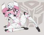  arcee arm_support autobot ban blue_eyes glowing glowing_eyes grey_background insignia mecha no_humans robot sitting spread_legs tire transformers 