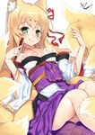  animal_ear_fluff animal_ears blonde_hair breasts fox_ears fox_tail green_eyes hair_ribbon japanese_clothes kimono licking_lips long_hair long_sleeves looking_at_viewer lying mon-musu_quest! multiple_tails obi off_shoulder on_back ribbon sash small_breasts smile solo tail tamamo_(mon-musu_quest!) tattoo tongue tongue_out tribal_tattoo very_long_hair wide_sleeves yappen 
