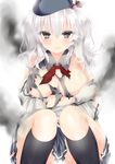  blush breasts eroriru gloves hat kantai_collection kashima_(kantai_collection) large_breasts long_hair looking_at_viewer military military_uniform miniskirt silver_hair skirt smile solo torn_clothes twintails uniform 