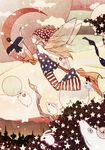  absurdres american_flag_dress american_flag_legwear bad_id bad_pixiv_id barefoot bellbottoms bird blonde_hair bunny closed_eyes clownpiece crescent fairy_wings flying full_body hat highres ichii_tetsuro jester_cap long_hair pants profile sheep shirt sleeveless solo star striped touhou wings 