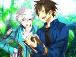  book brown_hair forest green_eyes hinotta male_focus mikleo_(tales) multiple_boys nature open_mouth purple_eyes smile sorey_(tales) tales_of_(series) tales_of_zestiria white_hair 