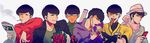  bangs baseball_uniform black_hair bouquet bov brothers cellphone cigarette flower food glasses hat highres hood hoodie hot_dog ice_cream ice_cream_cone jacket male_focus matsuno_choromatsu matsuno_ichimatsu matsuno_juushimatsu matsuno_karamatsu matsuno_osomatsu matsuno_todomatsu messy_hair multiple_boys newspaper osomatsu-kun osomatsu-san phone plaid plaid_shirt scarf sextuplets shirt siblings smartphone smoking sportswear surgical_mask swept_bangs upper_body 